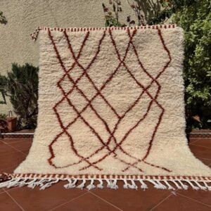 Moroccan Beni Ourain Rug – Handmade Wool Area Rug with Rust Diamond Lattice Pattern on Ivory Background