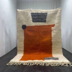 Modern Moroccan Berber Rug – Handmade Wool Area Rug with Bold Orange Block and Minimalist Abstract Accents