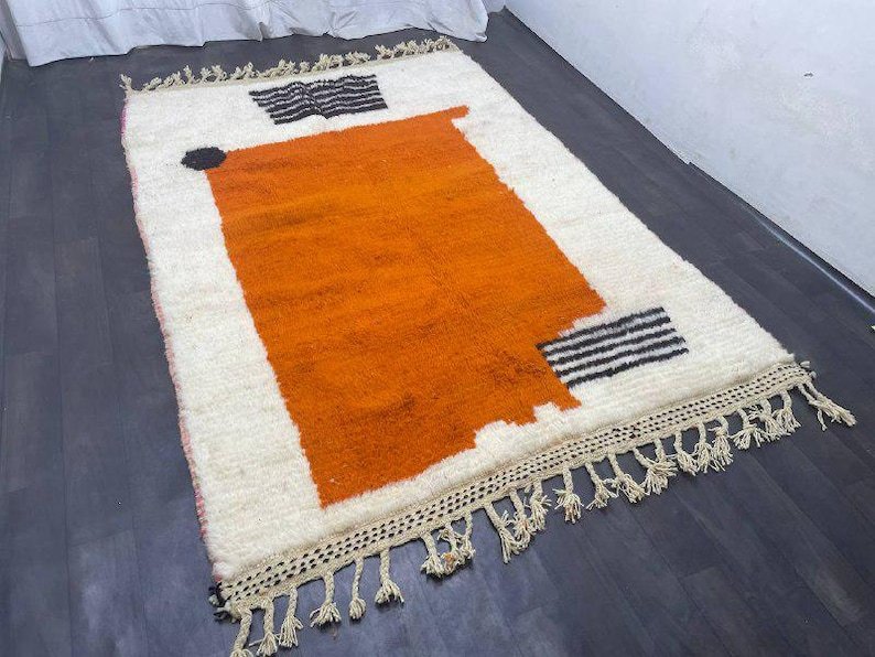 Modern Moroccan Berber Rug – Handmade Wool Area Rug with Bold Orange Block and Minimalist Abstract Accents - Image 2