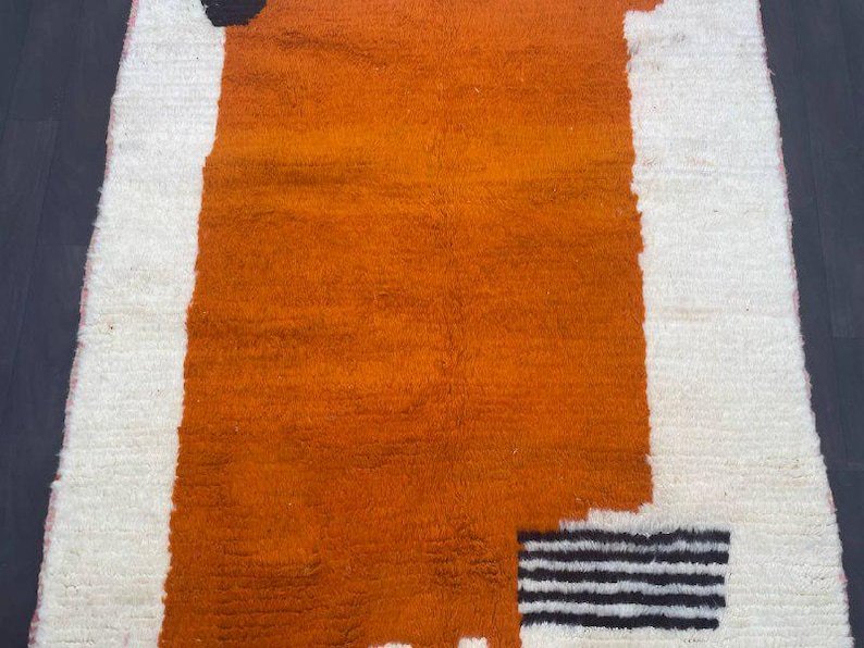Modern Moroccan Berber Rug – Handmade Wool Area Rug with Bold Orange Block and Minimalist Abstract Accents - Image 3