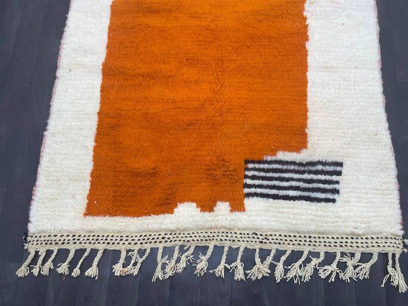 Modern Moroccan Berber Rug – Handmade Wool Area Rug with Bold Orange Block and Minimalist Abstract Accents - Image 7