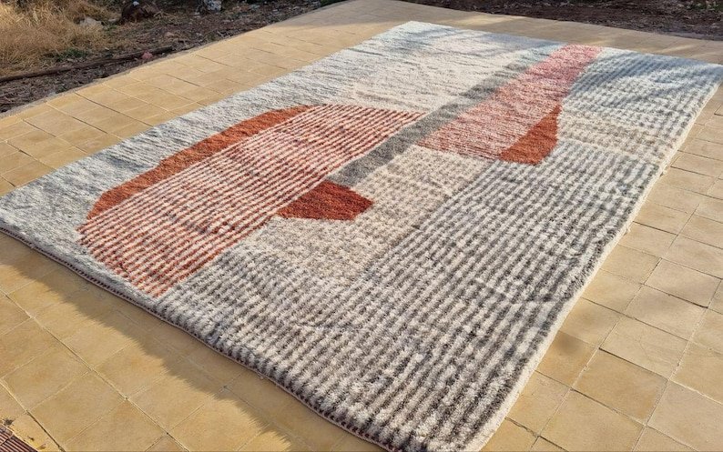 Modern Moroccan Berber Rug – Handmade Wool Area Rug with Terracotta Geometric Blocks and Neutral Tones
