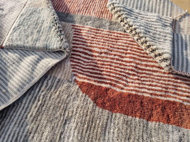 Modern Moroccan Berber Rug – Handmade Wool Area Rug with Terracotta Geometric Blocks and Neutral Tones - Image 2