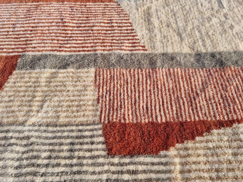 Modern Moroccan Berber Rug – Handmade Wool Area Rug with Terracotta Geometric Blocks and Neutral Tones - Image 5