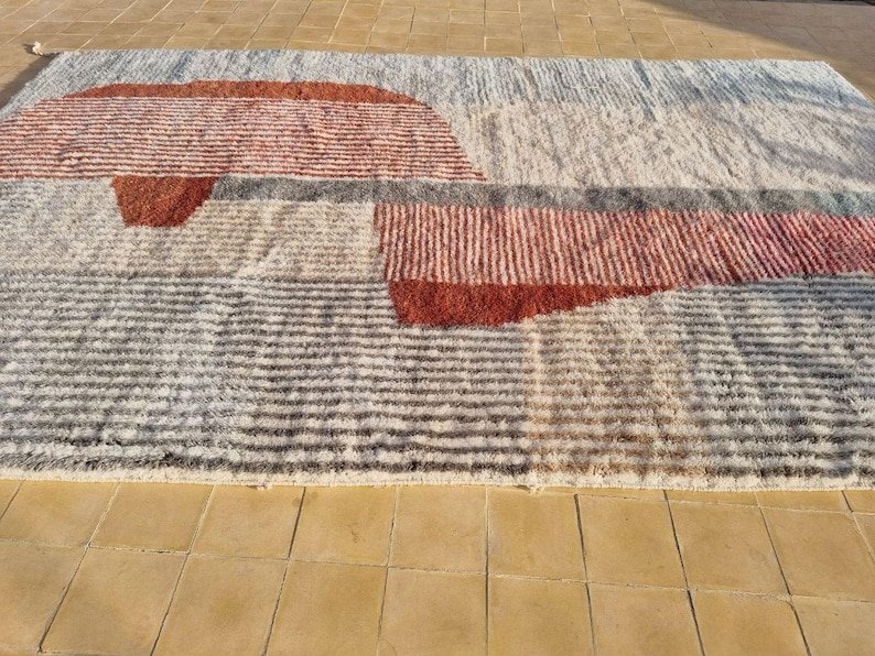 Modern Moroccan Berber Rug – Handmade Wool Area Rug with Terracotta Geometric Blocks and Neutral Tones - Image 6