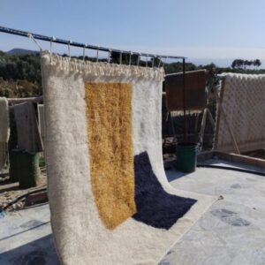 Minimalist Moroccan Wool Rug – Handmade Berber Area Rug – Color Block Beni Ourain Style – Ivory, Mustard & Navy Rug