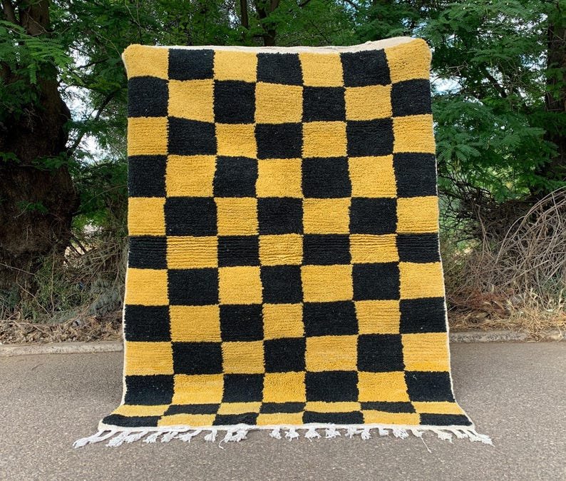 Handwoven Berber Wool Rug – Black & Mustard Checkerboard Moroccan Carpet