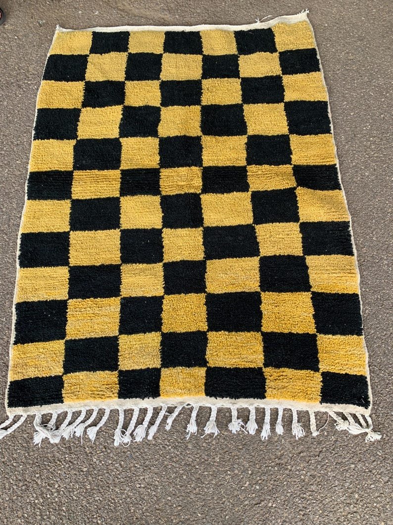 Handwoven Berber Wool Rug – Black & Mustard Checkerboard Moroccan Carpet - Image 11