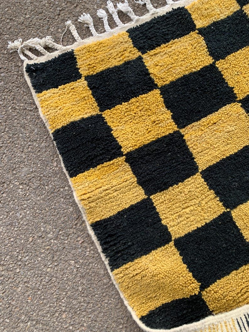 Handwoven Berber Wool Rug – Black & Mustard Checkerboard Moroccan Carpet - Image 3