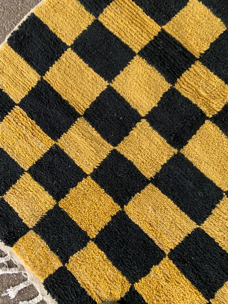 Handwoven Berber Wool Rug – Black & Mustard Checkerboard Moroccan Carpet - Image 7
