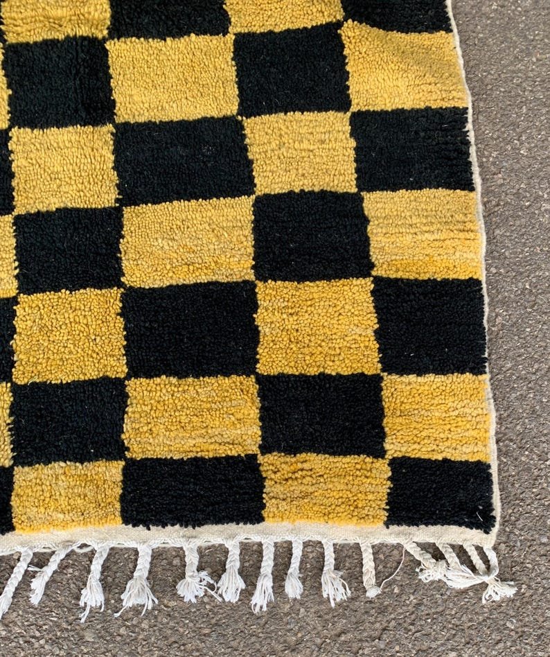 Handwoven Berber Wool Rug – Black & Mustard Checkerboard Moroccan Carpet - Image 10