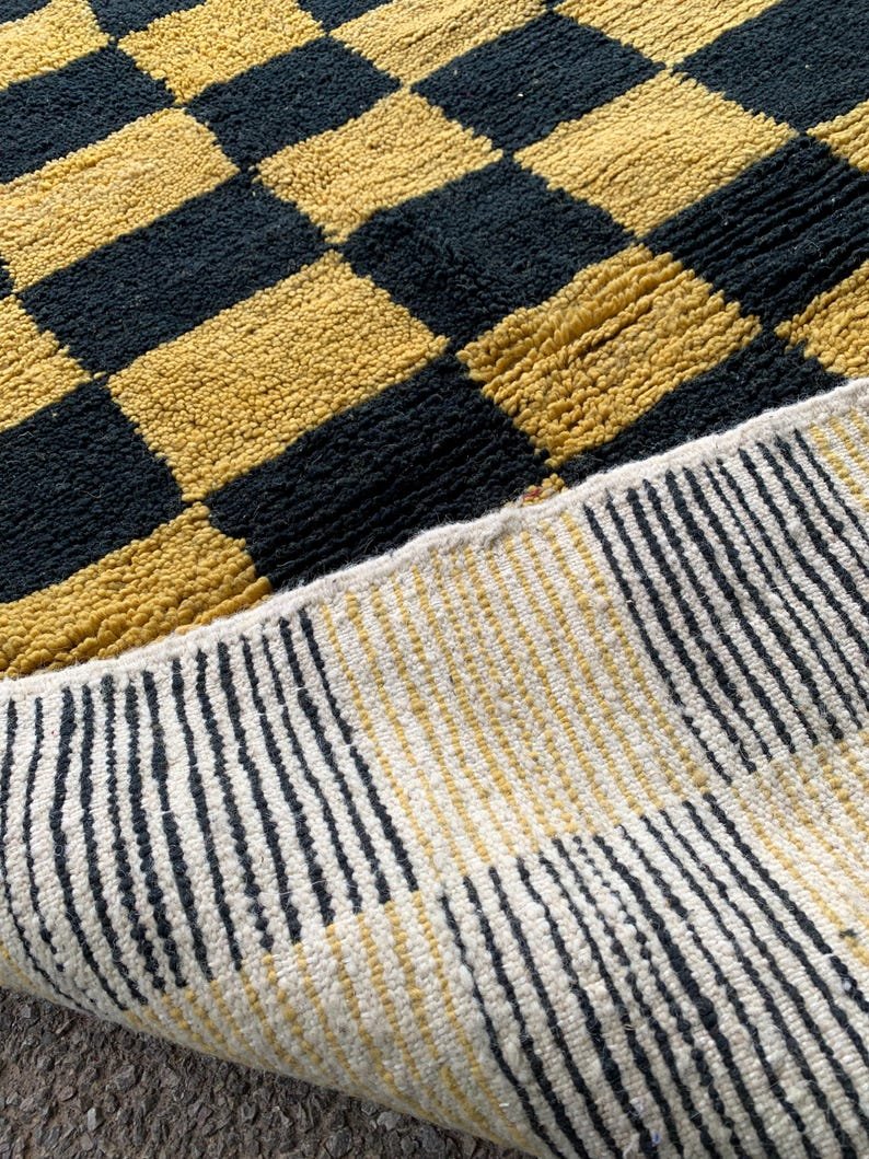 Handwoven Berber Wool Rug – Black & Mustard Checkerboard Moroccan Carpet - Image 4