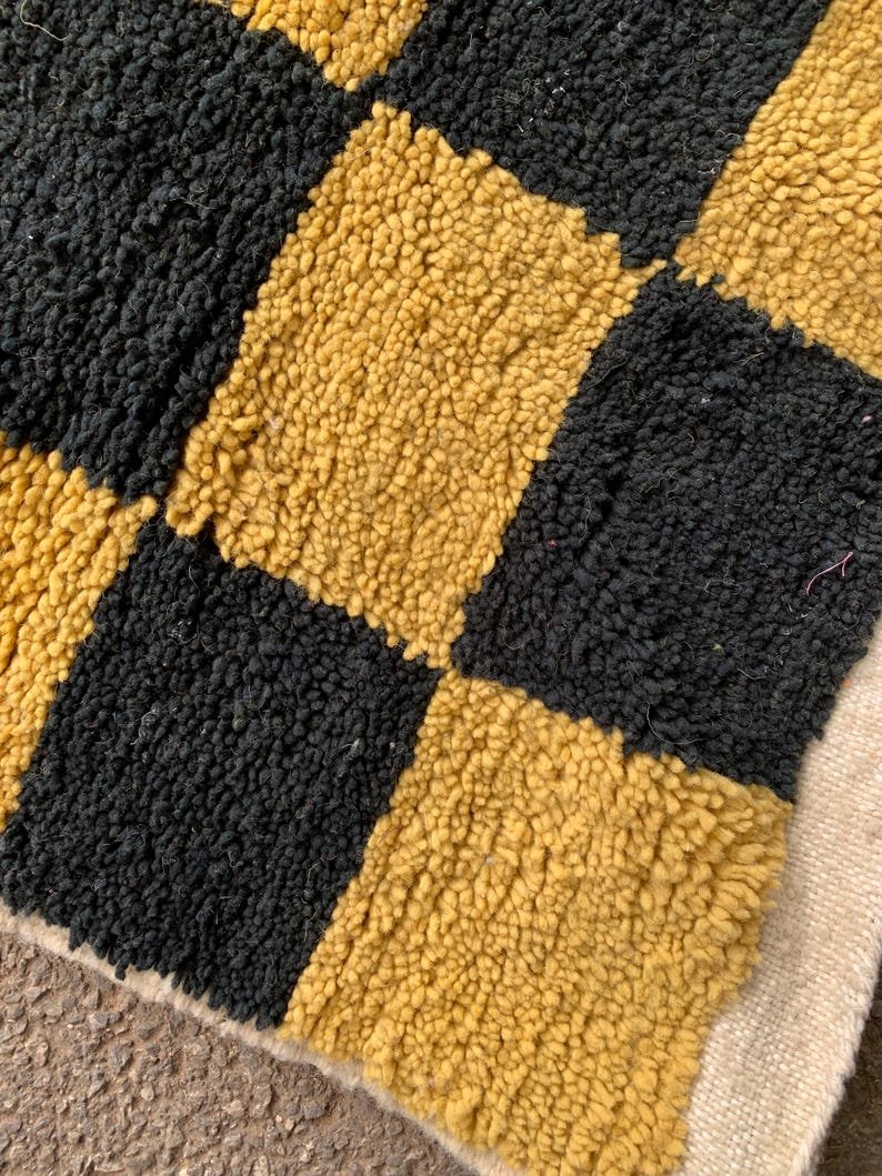 Handwoven Berber Wool Rug – Black & Mustard Checkerboard Moroccan Carpet - Image 8
