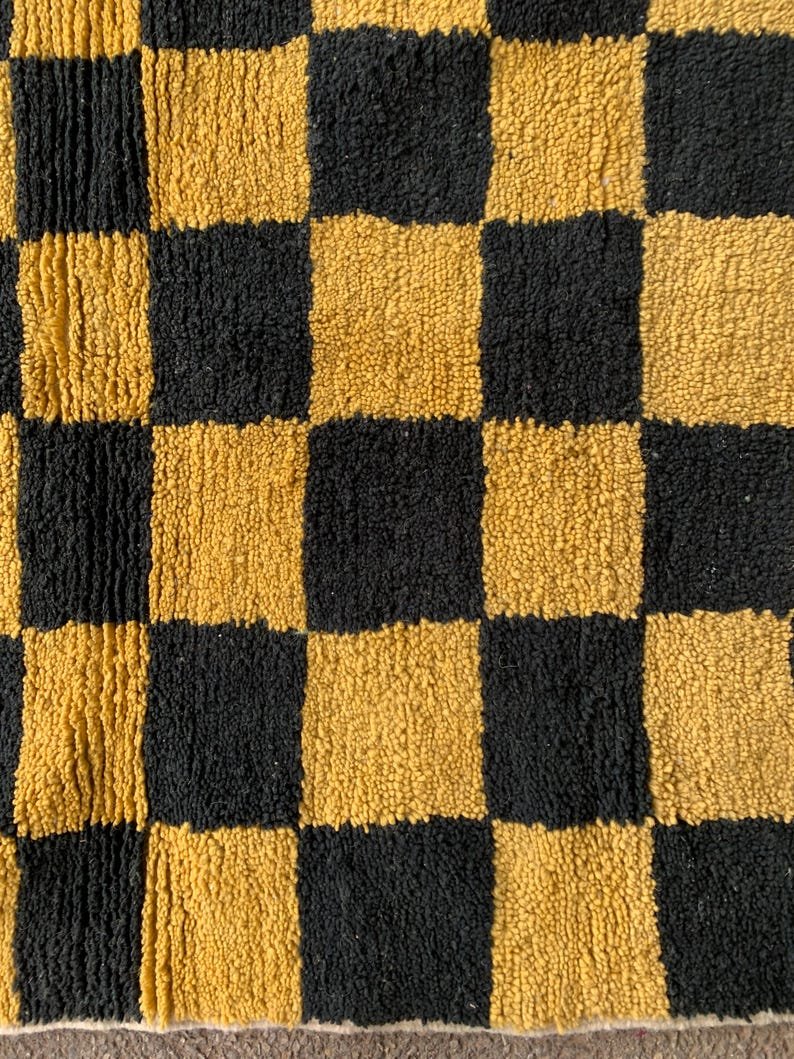 Handwoven Berber Wool Rug – Black & Mustard Checkerboard Moroccan Carpet - Image 9