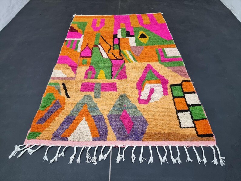 Abstract pink Rug, Handmade Sheep Wool Carpet, Berber Rug.