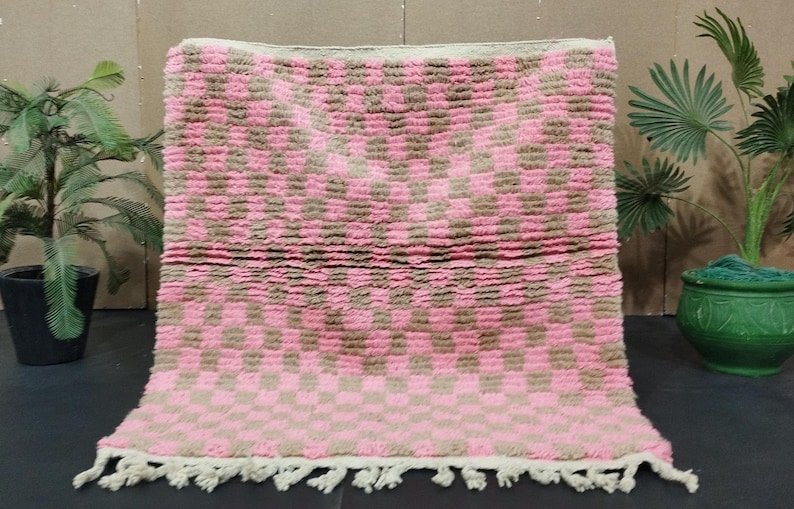 Pink And White Rug, Abstract Yellow Rug, Handmade Sheep Wool Carpet, Berber Rug. - Image 9