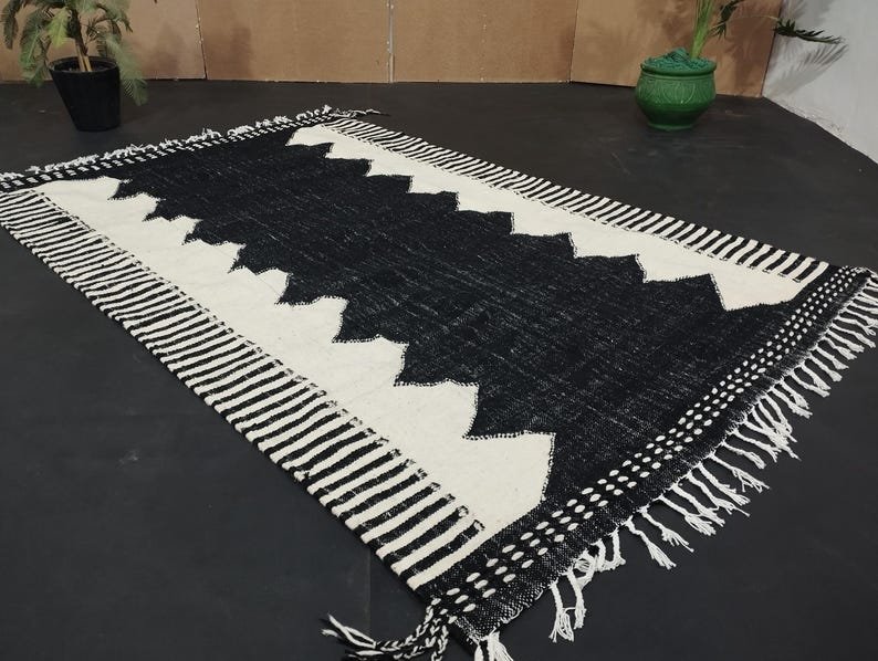 Handmade Black & White Moroccan Kilim Rug: Custom Wool Rug-Custom Large Moroccan Rug – Handmade Berber Carpet –Made in Morocco-tapis berbere - Image 2