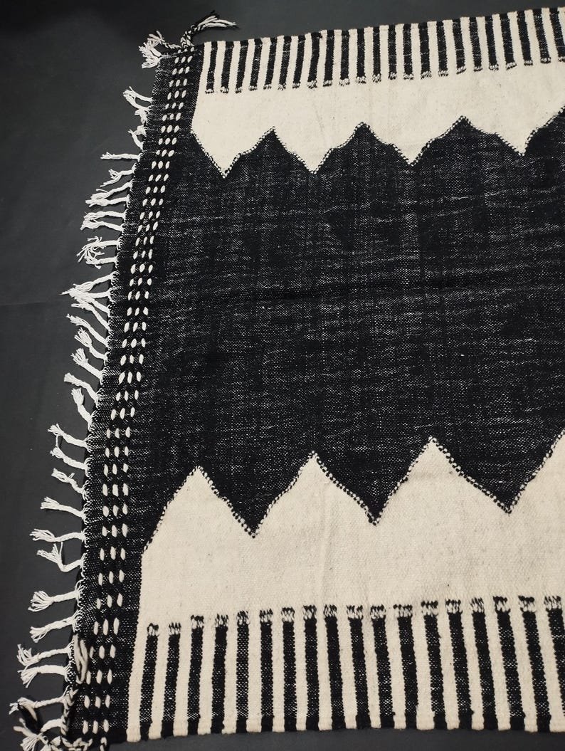 Handmade Black & White Moroccan Kilim Rug: Custom Wool Rug-Custom Large Moroccan Rug – Handmade Berber Carpet –Made in Morocco-tapis berbere - Image 6