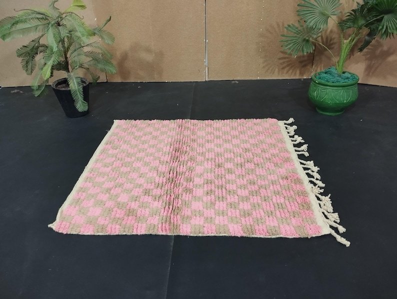 Pink And White Rug, Abstract Yellow Rug, Handmade Sheep Wool Carpet, Berber Rug. - Image 5