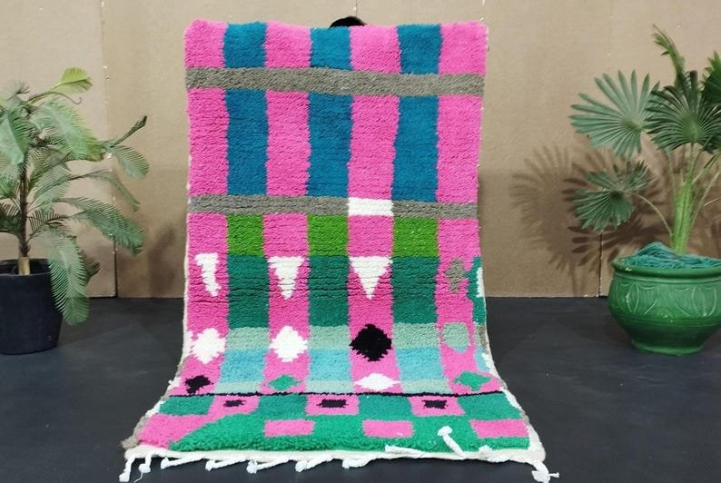 Moroccan Handmade Rug, Turmeric Green And Pink Rug, Abstract Yellow Rug, Handmade Sheep Wool Carpet, Berber Rug. - Image 3