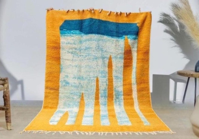 Moroccan Handmade Rug, Turmeric Yellow And White Rug, Abstract Yellow Rug, Handmade Sheep Wool Carpet, Berber Rug. - Image 6
