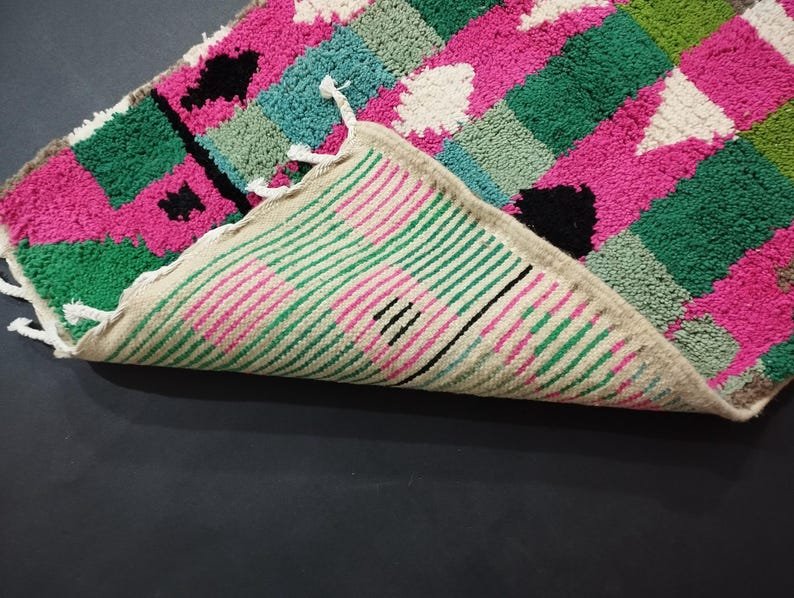 Moroccan Handmade Rug, Turmeric Green And Pink Rug, Abstract Yellow Rug, Handmade Sheep Wool Carpet, Berber Rug. - Image 4