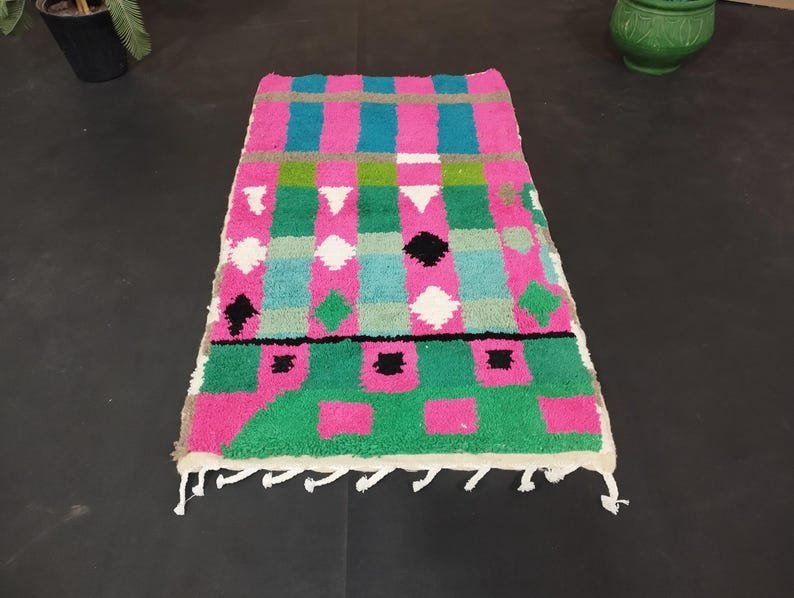 Moroccan Handmade Rug, Turmeric Green And Pink Rug, Abstract Yellow Rug, Handmade Sheep Wool Carpet, Berber Rug. - Image 9