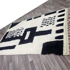 Hand-Knotted Beni Ourain Moroccan Wool Rug: Black & White Geometric