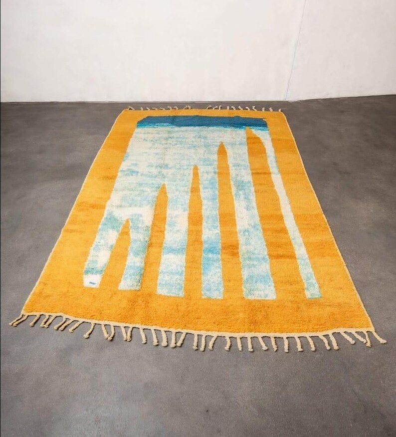 Moroccan Handmade Rug, Turmeric Yellow And White Rug, Abstract Yellow Rug, Handmade Sheep Wool Carpet, Berber Rug.