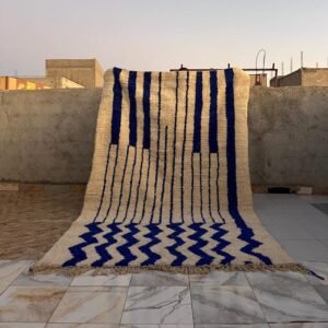 Handmade Moroccan Rug | Custom Blue Geometric Stripe & Zigzag Design | Soft Wool Area Rug for Modern Home Decor
