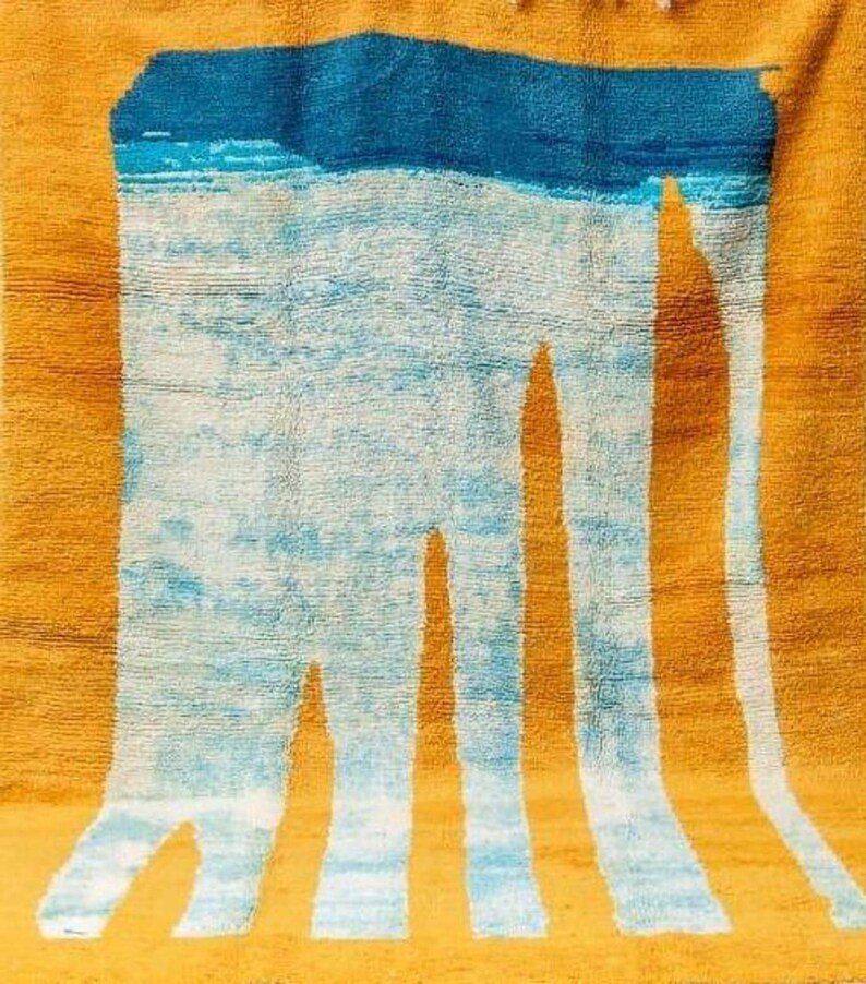 Moroccan Handmade Rug, Turmeric Yellow And White Rug, Abstract Yellow Rug, Handmade Sheep Wool Carpet, Berber Rug. - Image 4