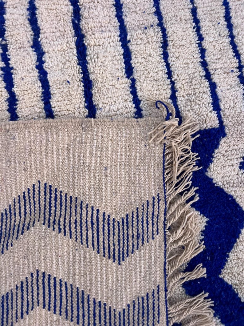 Handmade Moroccan Rug | Custom Blue Geometric Stripe & Zigzag Design | Soft Wool Area Rug for Modern Home Decor - Image 2
