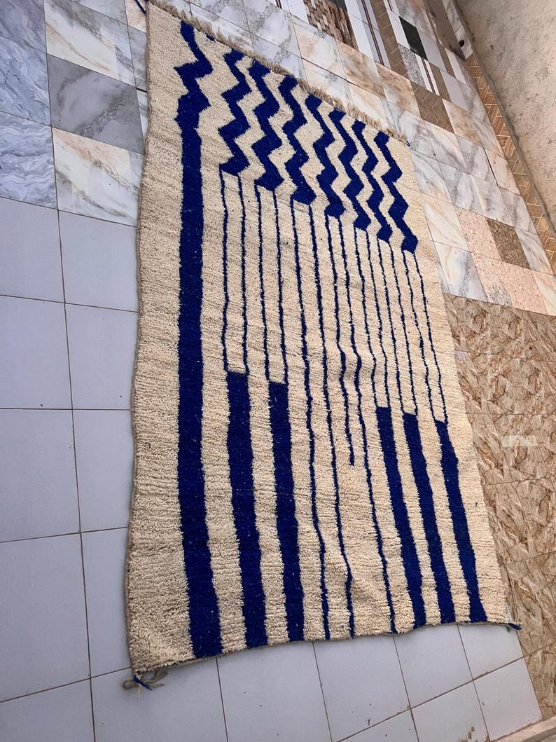 Handmade Moroccan Rug | Custom Blue Geometric Stripe & Zigzag Design | Soft Wool Area Rug for Modern Home Decor - Image 7