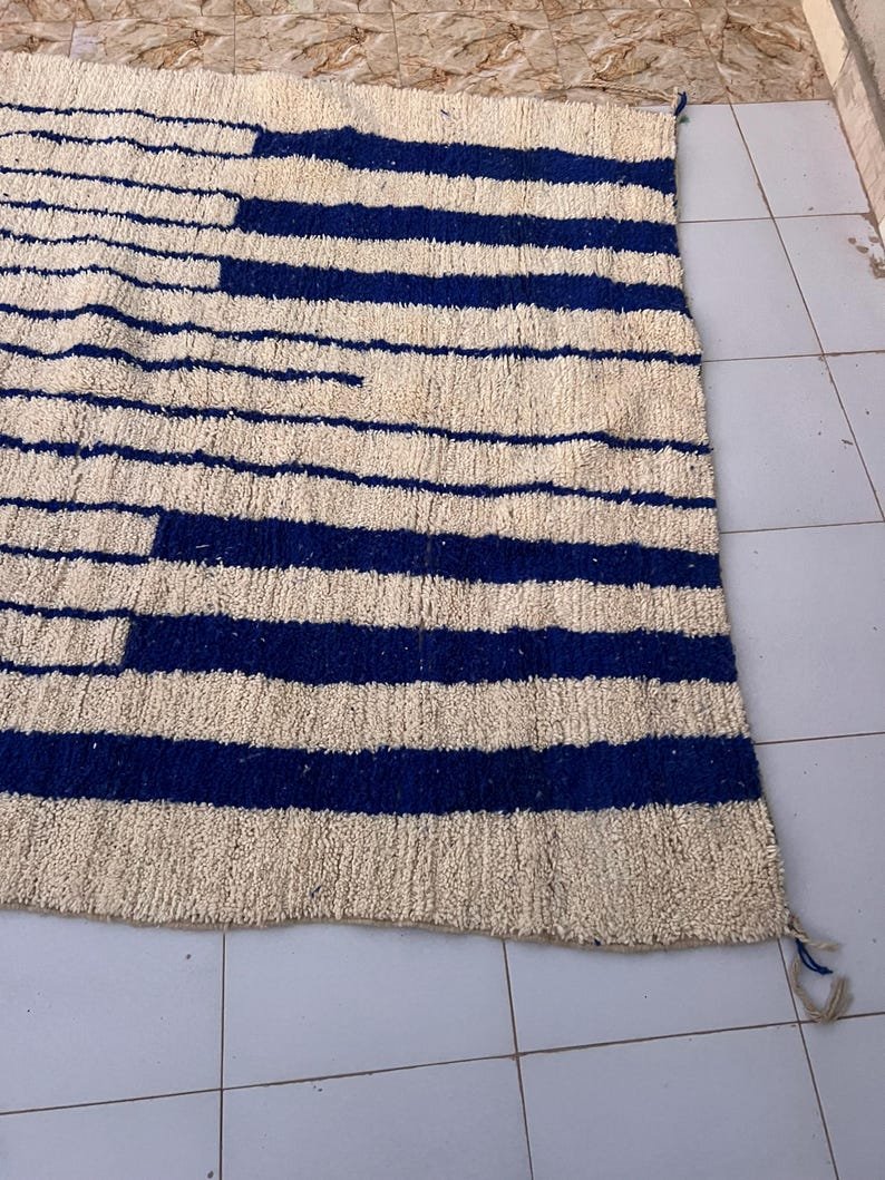 Handmade Moroccan Rug | Custom Blue Geometric Stripe & Zigzag Design | Soft Wool Area Rug for Modern Home Decor - Image 8