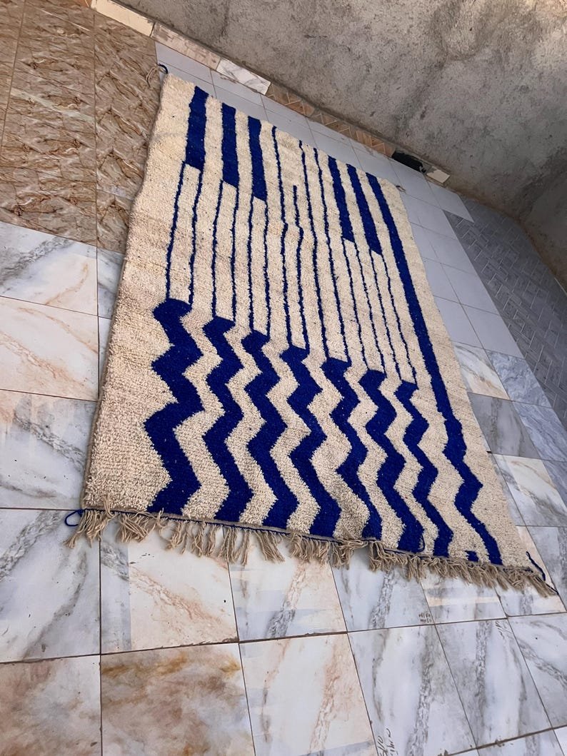 Handmade Moroccan Rug | Custom Blue Geometric Stripe & Zigzag Design | Soft Wool Area Rug for Modern Home Decor - Image 3