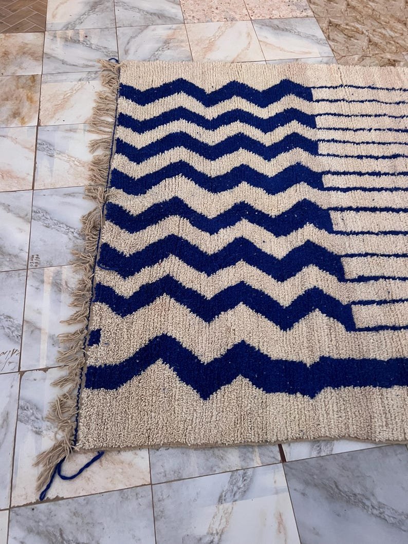 Handmade Moroccan Rug | Custom Blue Geometric Stripe & Zigzag Design | Soft Wool Area Rug for Modern Home Decor - Image 5