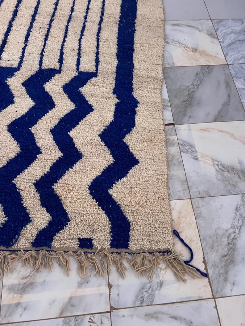 Handmade Moroccan Rug | Custom Blue Geometric Stripe & Zigzag Design | Soft Wool Area Rug for Modern Home Decor - Image 4