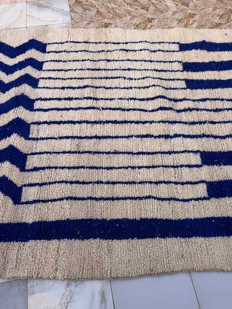 Handmade Moroccan Rug | Custom Blue Geometric Stripe & Zigzag Design | Soft Wool Area Rug for Modern Home Decor - Image 6