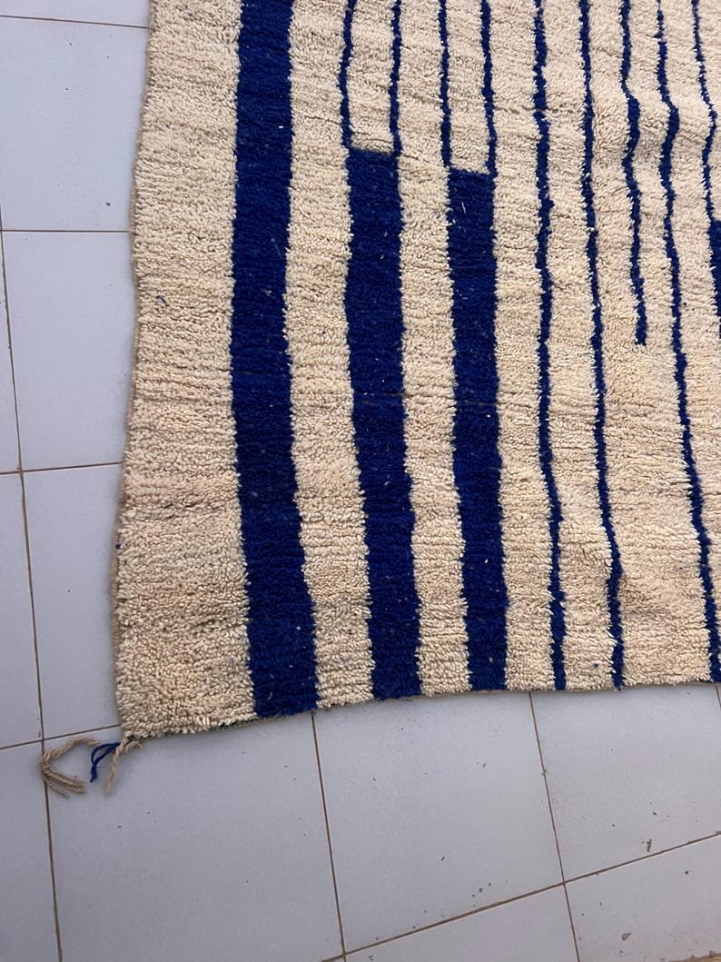 Handmade Moroccan Rug | Custom Blue Geometric Stripe & Zigzag Design | Soft Wool Area Rug for Modern Home Decor - Image 9
