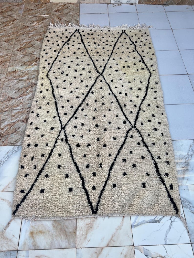 Handmade Moroccan Beni Ourain Rug | Cream Wool Berber Carpet with Black Diamond Pattern | Minimalist Boho Area Rug - Image 3