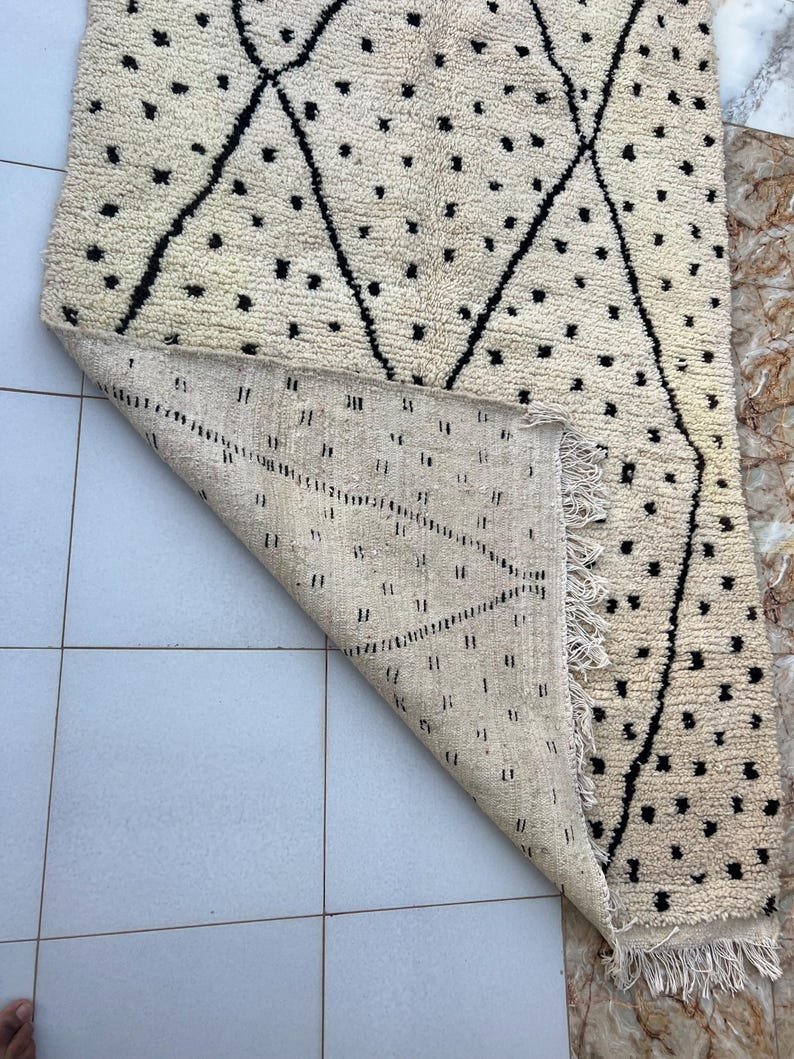 Handmade Moroccan Beni Ourain Rug | Cream Wool Berber Carpet with Black Diamond Pattern | Minimalist Boho Area Rug - Image 6