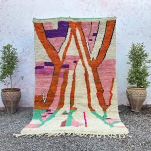 Moroccan Pink & Brown Boujaad Rug – Handmade Custom Berber Rug – White & Green Moroccan Home Decor Rug
