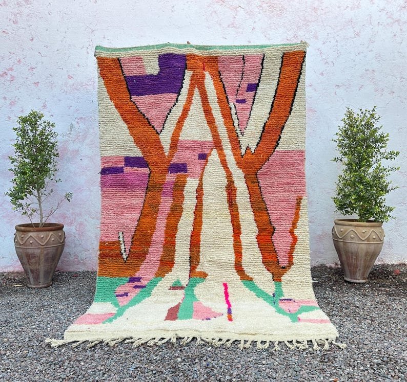 Moroccan Pink & Brown Boujaad Rug – Handmade Custom Berber Rug – White & Green Moroccan Home Decor Rug