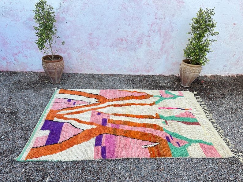 Moroccan Pink & Brown Boujaad Rug – Handmade Custom Berber Rug – White & Green Moroccan Home Decor Rug - Image 2