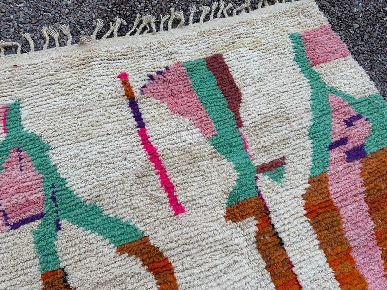 Moroccan Pink & Brown Boujaad Rug – Handmade Custom Berber Rug – White & Green Moroccan Home Decor Rug - Image 4