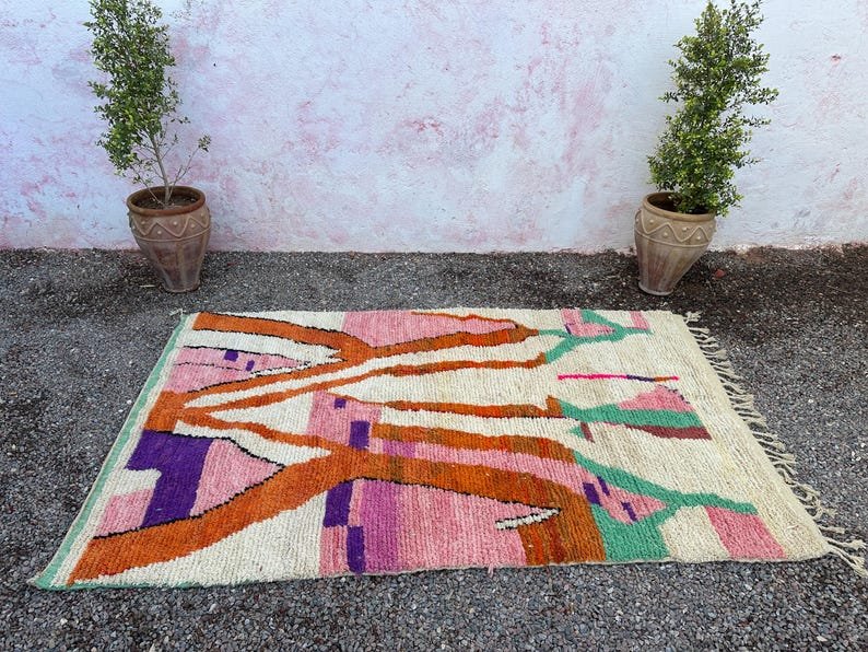 Moroccan Pink & Brown Boujaad Rug – Handmade Custom Berber Rug – White & Green Moroccan Home Decor Rug - Image 3