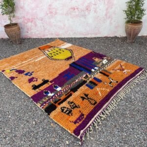 Minimalist Moroccan Berber Rug – Handmade Wool Area Rug with Solid Brown Panel & Black Dotted Motif on Ivory (Copy)