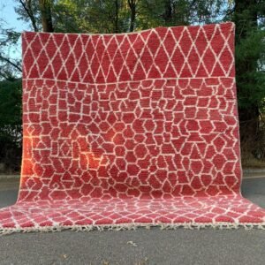 Moroccan Rug | Red & White Handwoven Berber Wool Rug | Custom Tribal-Inspired Design | Modern Boho Home Decor