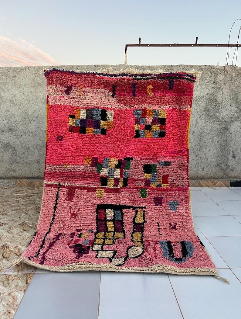Moroccan Handwoven Rug – Custom Pink Berber Carpet | Abstract Boucherouite Area Rug | Handmade Moroccan Boho Decor | Colorful Wool Art Rug