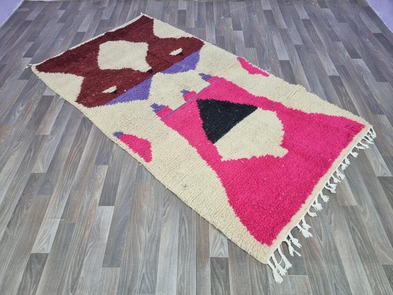 Handmade Pink Beni Ourain Carpet – Colorful Wool Rug for Living Room & Bedroom – Custom Moroccan Rug with Multicolored Azilal Design – Tapis Berbère - Image 5